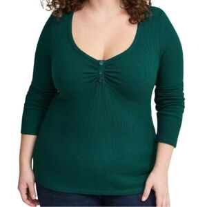 Torrid Deep Green Long Sleeve ribbed Henley cinched Top